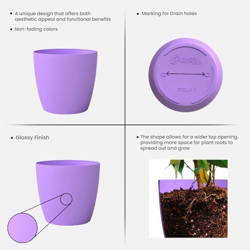 Image of YUCCABE ITALIA SHERA Stella 8 Inch Plastic Plant Pot for Home Decor Indoor Plant Pots for Living Room Plastic Flower Pot for Garden (Lavender, 8 INCH - 6 Pcs)