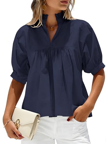 SimpleFun Babydoll Tops for Women Business Casual Puffy Sleeve Cute Vintage Style for Dates Navy Blue XL