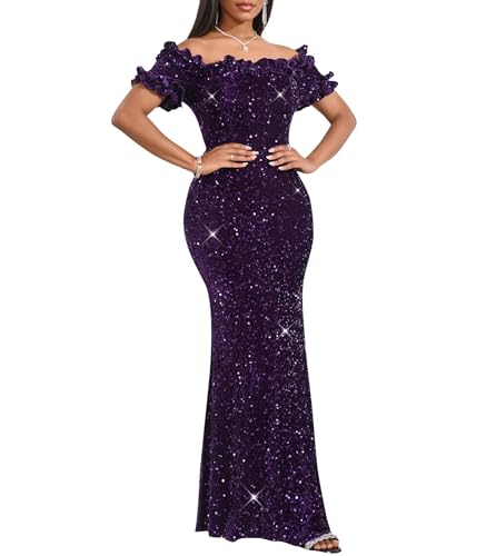 Image of dasmzper Women Sexy Sequin Off Shoulder Ruffle Short Sleeve Bodycon Mermaid Party Formal Evening Maxi Dress