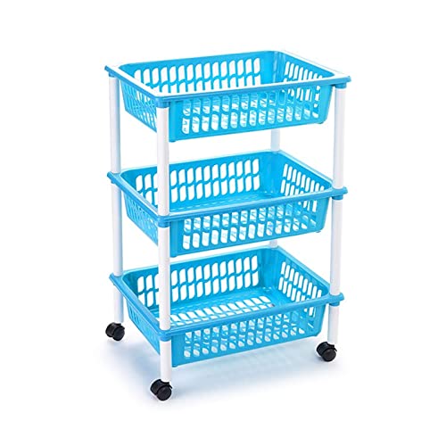 AC - Carrito verdulero Modelo PLFT de plástico con 3 Niveles y Ruedas, cestas apilables portaobjetos, Frutas, Verduras, Cocina, baño (Azul - 61 x 40 x 30 cm)
