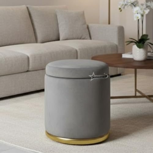 Image of Velvet Round Single Strip Ottoman Office Stool Foot Rest Stool Velvet Fabric Padded Seat Pouf Ottoman 16 X 16X 19 inch,in Round Shape for Living Room Grey