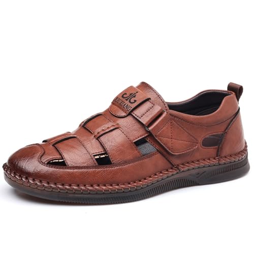 Image of Thrym Men's Breathable real leather Fisherman Sandals Adjustable Strap Closed Toe Summer Casual Shoes (Brown1, Adult, Men, 9, Numeric, UK Footwear Size System, Medium)