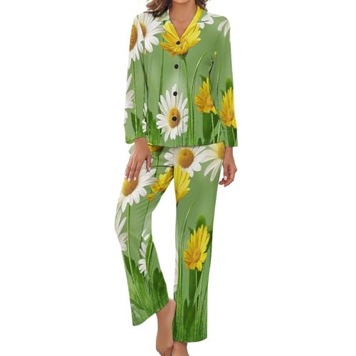 Pyjama femme imprimé marguerites ensemble de nuit 2 pièces manches longues