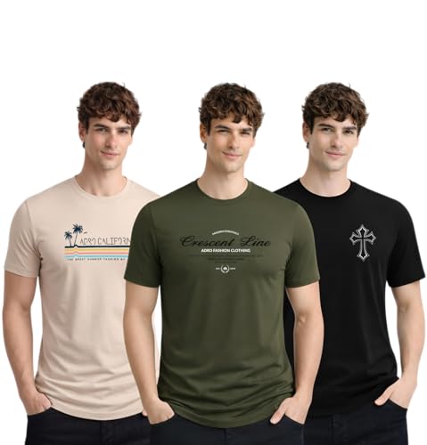 Image of ADRO Mens Printed T-Shirts Pack of 3 | 100% Cotton Regular Fit Graphic Tshirt | Breathable Stylish Casual T Shirt Gym Travel Summer T Shirts