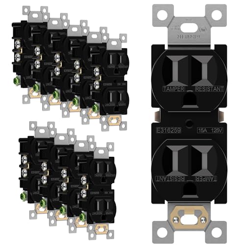 ENERLITES Tamper-Resistant Child Safe Duplex Receptacle Outlet, Residential Grade, 3-Wire, Self-Grounding, 2-Pole, 15A 125V, UL Listed, 61580-TR-BK, Black (10 Pack)