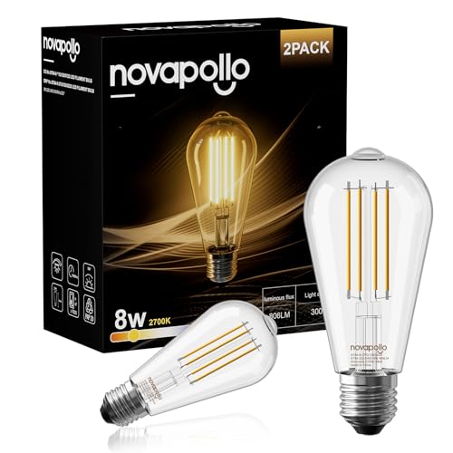 novapollo Vintage Bombilla LED Edison ST64 | Equivalente 60W (Solo 8W), Regulable, Luz Cálida 2700K 806LM, CRI 80+, Filamento Decorativo Antiguo, Vidrio Transparente, 2PK