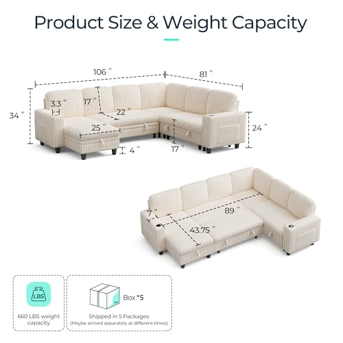 Image of LINSY HOME Sectional Sleeper Sofa with Pull Out Couch Bed - Convertible Plush Corduroy Cloud Couch with Storage Chaise & USB Charging, Comfy Modular Couches for Living Room, Beige