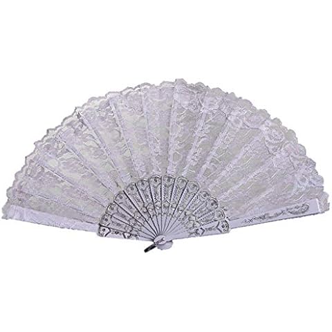 Lazzboy Hand Folding Fans Mesh Lace Plastic Flower Floral Openwork Costume Party Wedding Chinese/Japanese Decorations(White,23cm) Cover