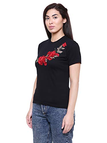 Image of Saundarya Women's Embellished T-Shirt Hosiery Fabric Half Sleeve Round Neck Blue and Red Embroidery Black