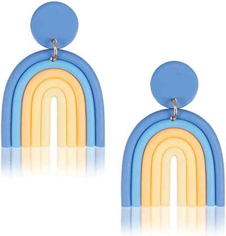 Rainbow Polymer Clay Earrings for Women and Girls, Handmade Multicolor Drop Dangling Stud Boho Bohemian Teacher Earrings Vintage Tassel Retro U Shape Ceramic Clay Earring Pendant Jewelry