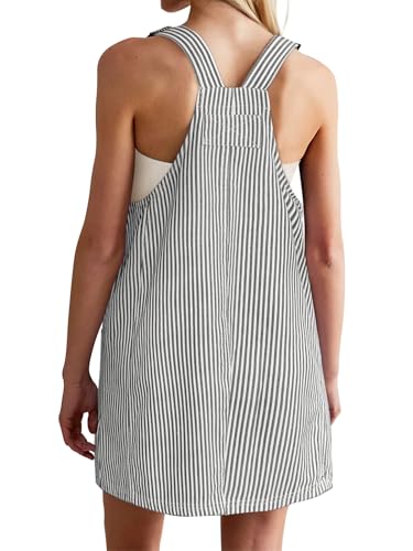 Image of Yousify Womens Casual Denim Dress Summer Striped Overalls Romper Adjustable Straps Sleeveless Jean Dresses with Pockets