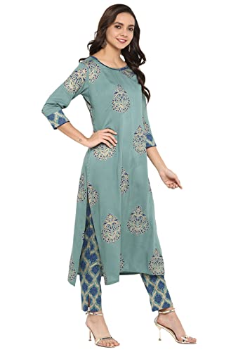 Janasya Indian Women's Rayon Turquoise Foil Print Casual Wear Kurta Set for Women4