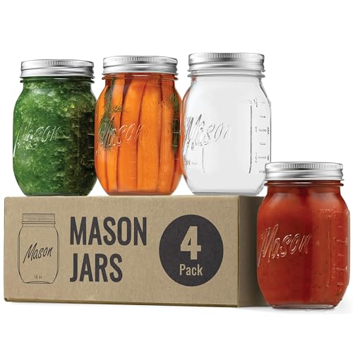 GARUET Mason Jars 480 ml Glass Jars with Lid & Seal Bands - Airtight Container for Pickling, Canning, Candles, Home Decor, Overnight Oats, Fruit Preserves, Jam or Jelly (4)