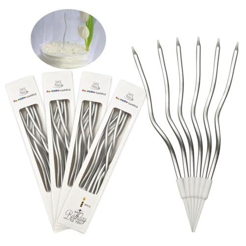SHSMPXOY 24 Pièces Bougie Anniversaire,Couleur Arc en Ciel Torsadées Bougies de Gâteau en Spirale avec Supports,Convient pour les Gâteaux,les Fêtes,les Mariages,les Décorations de Fête (Argent)