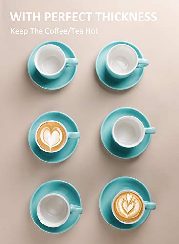 Teocera Porcelain Cappuccino Cups with Saucers - 6 Ounce for Coffee Drinks, Latte, Cafe Mocha and Tea - Set of 6, Turquoise - Thumbnail 3