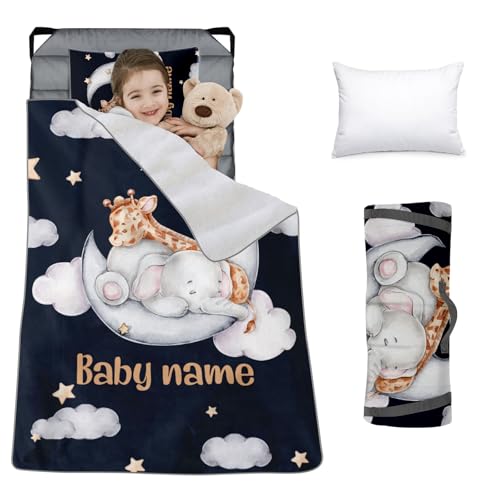 Custom Toddler Nap Mat for Preschool, Personalized Name Slumber Bags with Animals for Kids Daycare, Roll Up Sleeping Mats with Flannel Blanket & Removable Pillow for Boys Girls Color01