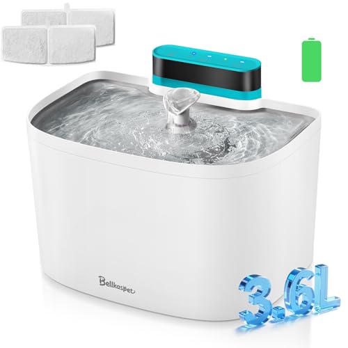 Cat Water Fountain, 122oz/3.6L Pumpless Wireless Cat Fountain, Cordless Water Fountains for Cats Indoor, Battery Operated Dog Pet Water Fountain with Stainless Steel Tray (White, Fountain+2 Fliters) by BELLKASPET - Used condition - US$33.86