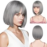 Sarannala Bob Hair Wig with Straight Flat Bangs Short 12 Inch Gray Hair Includ Wig Cap Synthetic Fiber for Women Cosplay Daily Party (Gray)