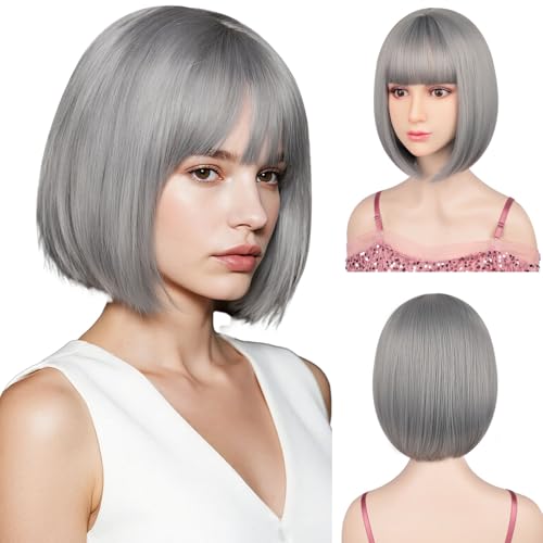 Sarannala Bob Hair Wig with Straight Flat Bangs Short 12 Inch Gray Hair Includ Wig Cap Synthetic Fiber for Women Cosplay Daily Party (Gray)