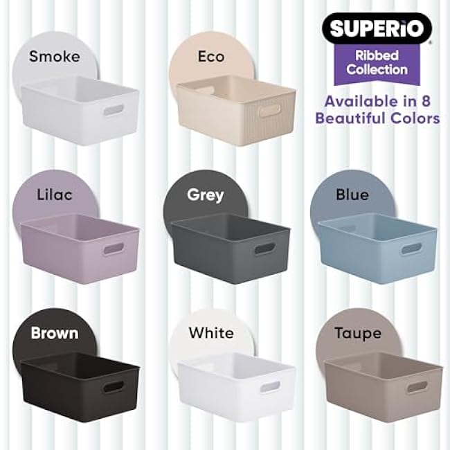 Superio Decorative Plastic Open Home Storage Bins Organizer Baskets, Large Lilac Purple (2 Pack) Container Boxes for Organizing Closet Shelves Drawer Shelf - Ribbed Collection 15 Liter/16 Quart