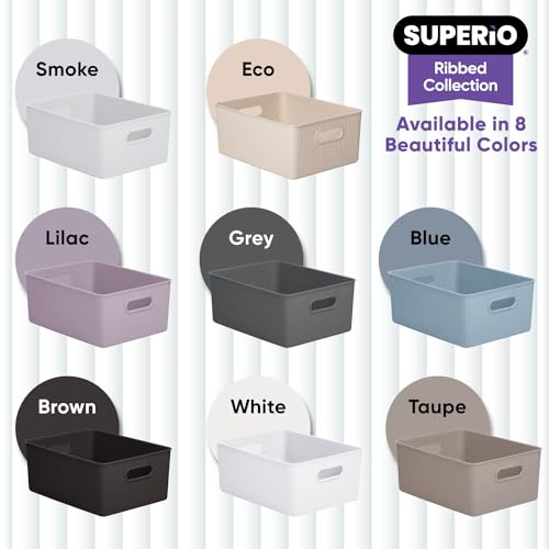 Image of Superio Ribbed Collection - Decorative Plastic Basket Open Home Storage Bins Organizer, Large Blue (6 Pack) Container Boxes for Organizing Closet Storage Bins for Shelves 15 Liter /16 Quart