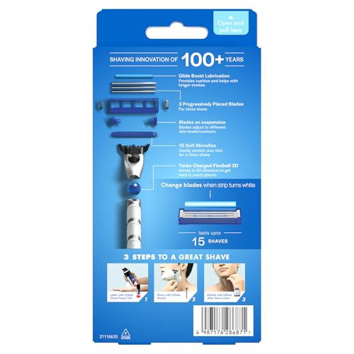 Gillette Mach 3 Turbo Shaving Razor for Men | Most Comfortable shave | Flexiball & Dynamic Pivot for Safe shave | Anti-Friction Blades & Lubricating Strip for smooth shave and sensitive skin