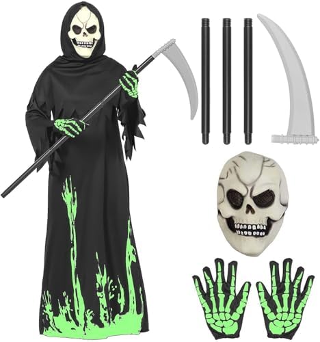 Tosekry Halloween Kostüm Kinder Sensenmann mit Dunkel Leuchtendem Jumpsuits, Dunkel Leuchtender Latexmaske, Handschuhen und Sense, Halloween Kostüm Kinder Jungen für Halloween und