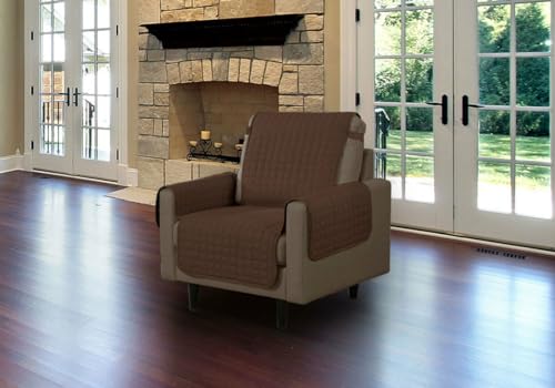 Linen Store Furniture Protector, Quilted Microfiber Machine Washable Cover with Tucks & Elastic Strap Perfect for Kids, Dogs, Pets (Brown, Recliner)