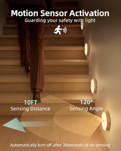Image of EZVALO Under Cabinet Lighting, 1000mAh Rechargeable Puck Lights with Remote, 3 Color Temps & 12 RGB Motion Sensor Closet Lights Indoor, Dimmable Under Counter Lights for Kitchen (Wood Grain, 6 Packs)