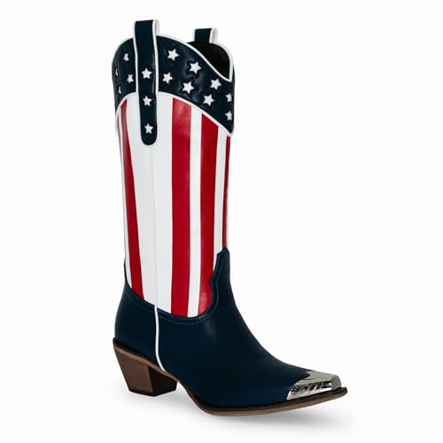 RKQ Women's Flag Mid Calf Cowboy Boots Chunky Block Heel Pull On Wide calf Metal Pointed Toe Western Cowgirl Booties classic sexy party Boots