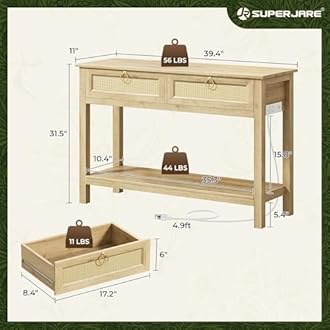 SUPERJARE Rattan Console Sofa Table with Outlets and USB-C Port, 2 Drawer Entryway Table with Synthetic Rattan Surface, 39 Inch, Open Shelf, Behind Couch Entry Foyer Hallway Storage, Natural