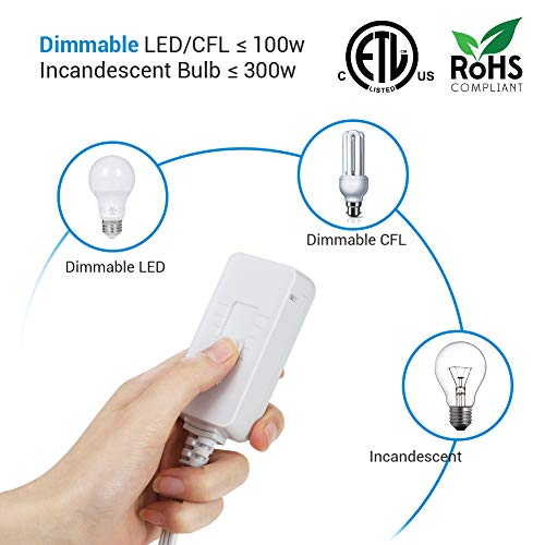 Dewenwils Plug In Dimmer Switch For Dimmable Led/Cfl Lights And Incandescent Bulbs, Full Range Slide Control, Programmable To Adjust Dimming Range, 5 Ft Extension Cord, Etl Listed, White #TOP1