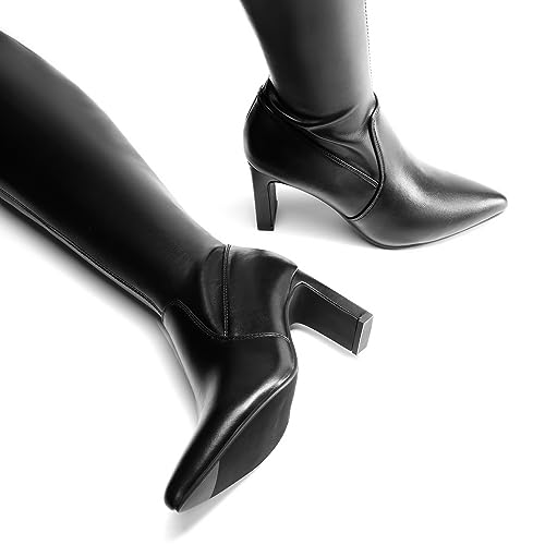 DREAM PAIRS DREAM PAIRS Women's Over The Knee Stretch Thigh High Boots Chunky High Heels Pointed Toe Long Fall Boots,Size 8.5,Black-Pu,SDOB2303W