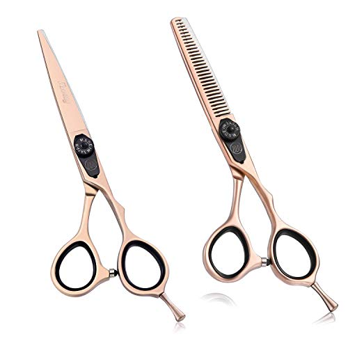 Moontay 6.0" Hair Cutting Scissor Thinning Shear Set, Professional Barber Hairstylist Hairdressing Thinning/Texturizing Shears/Scissors, Japanese 440C Steel Salon Hair Scissors (Gold)