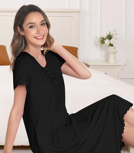 Image of NACHILA Bamboo Viscose Nightgown for Women Short Sleeve Crew Neck Sleepwear