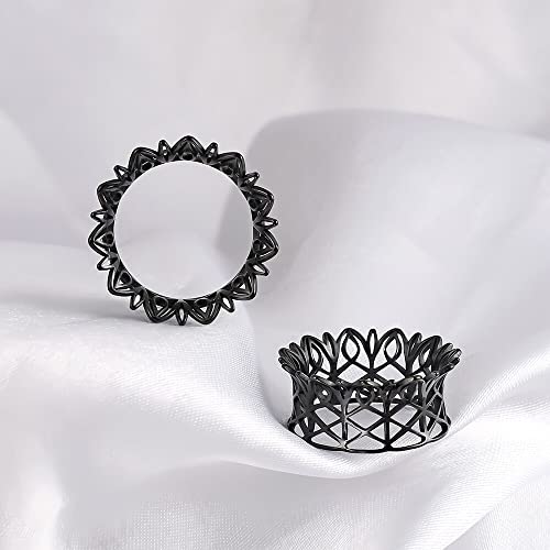 Casvort 2 PCS 10mm (00g) Hypoallergenic 316 Stainless Steel Black Hollow Floral Double Flared Ear Tunnels Breathing Saddle Gauges Ear Plugs Expander Stretcher Body Piercing Jewelry
