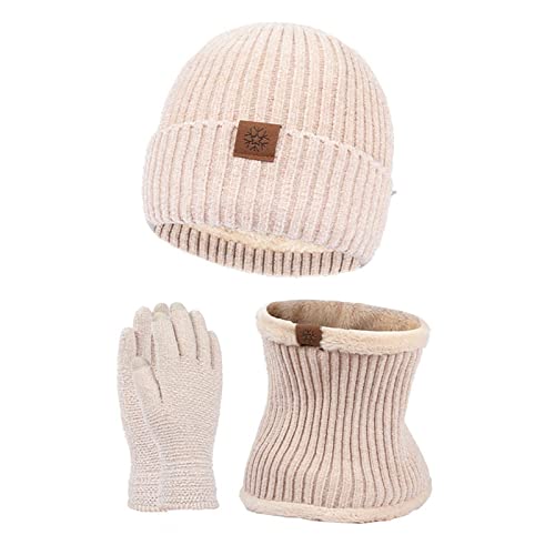 Vinter halsduk hatt & handskar set vinter hatt halsduk handskar tre plysch skärm utomhus kall säker förtjockad stickad mössa kallt väder accessoarer kläder, Khaki, one size