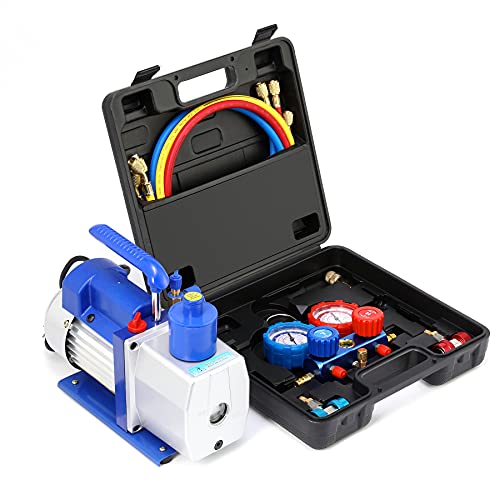 Orion Motor Tech AC Gauges and Vacuum Pump, 5CFM Vacuum Pump with Manifold Gauge Set, Evacuation & Recharging, Diagnostic 3 Way AC Gauge Set for R134a R22 R410a (Oil Not Included)