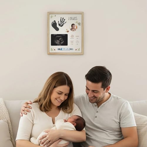 Petit Artichaut Baby Birth Keepsake Frame – Newborn Memory Frame with Photo, Ultrasound & Hospital Bracelet Display, Baby Handprint & Footprint Kit with Contactless Ink, Nursery Decor
