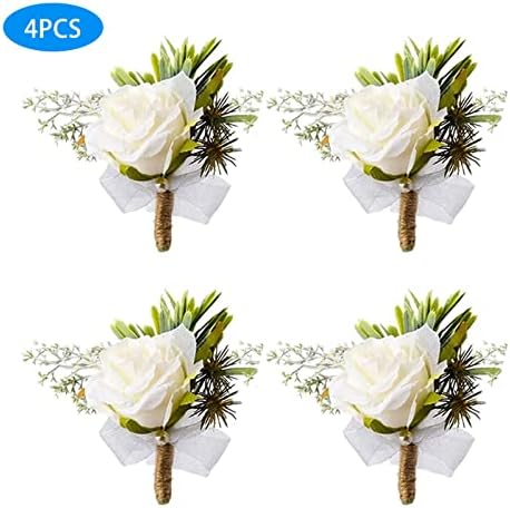 4 Pcs Buttonhole Corsage, Rose Wedding Boutonniere, White Handmade Corsage Boutonniere Buttonhole Flowers Mens Button Holes Flowers Wedding with Clip for Wedding Groom Men Bridal Women Suit Dress