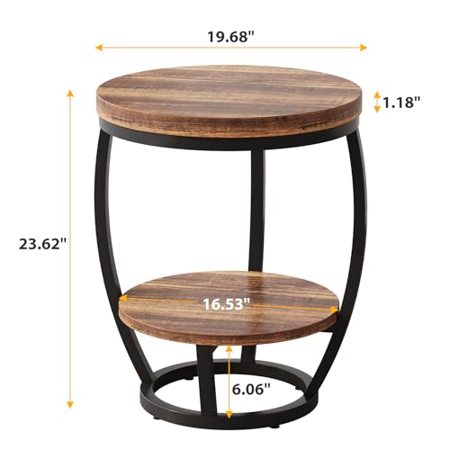 Condemo Round End Table, 2 Tier Industrial Side Table, Nightstand with Metal Frame, Accent Bedside Table with Storage Shelves for Living Room, Bedroom, Small Spaces, Rustic Brown & Black - Thumbnail 2