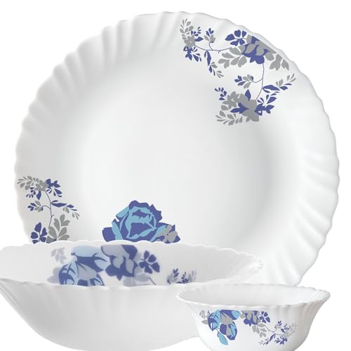 Image of Larah by Borosil Fluted Series Blue Cascade Opalware Dinner Set | 10 Piece for Family of 4 | Microwave & Dishwasher Safe | Bone-Ash Free | Crockery Set for Dining & Gifting | Plates & Bowls | White