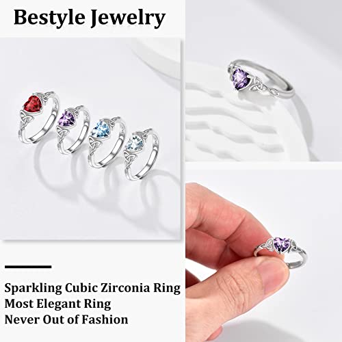 Bestyle 925 Sterling Silver Heart Crytsal Celtic Knot Rings | Classic Silver February Amethyst Crystal Birthstone Rings For Women, Great Birthday Gift For Daughter/Wife/Mom/Grandma #TOP2