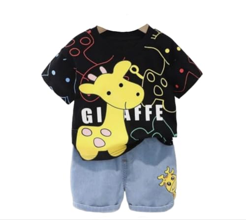 Image of I.T T-shirt and Short Set for Baby Boys & Baby Girls, Hoseiry & Denim Printed Half Sleeves Clothing Set for Kids