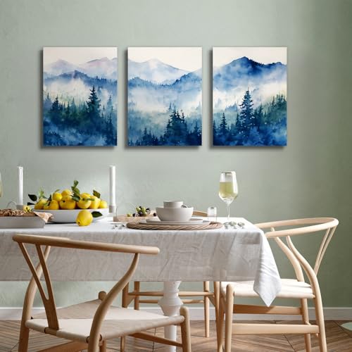 SERIMINO Nature Landscape Canvas Wall Art for Living Room, Forest Mountain Canvas Prints Paintings, Blue Modern Farmhouse Wall Decor for Bedroom Bathroom Set of 3, 12"X16"