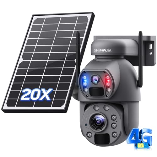 SHIWOJIA 20X Telecamera di Sorveglianza 4G Esterna, 6MP 360° PTZ Telecamera da Esterno Solare con Doppia Lente, Batteria Ricaricabile, 150m Visione Notturna a Colori, PIR Rilevamento Intelligente