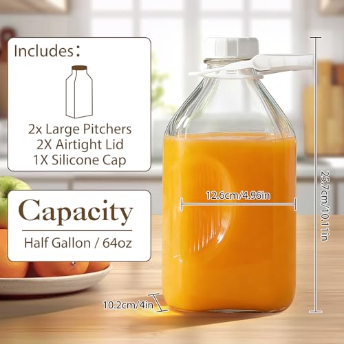 Image of CUCUMI 2 Pack 64 Oz Glass Milk Bottle with Reusable Strong Airtight Screw Lid, 2 Qt Glass Juice Bottles for Almond Milk