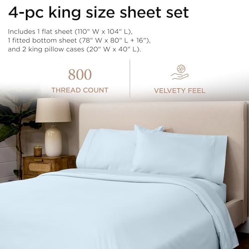 Threadmill Luxury 800 Thread Count King 100% Cotton Sheets - Light Blue Sateen Weave Bed-Sheets, Better Than Egyptian Cotton,4 Pc Solid Soft Bedding Set, Fits 16" Deep Pocket - Thumbnail 2