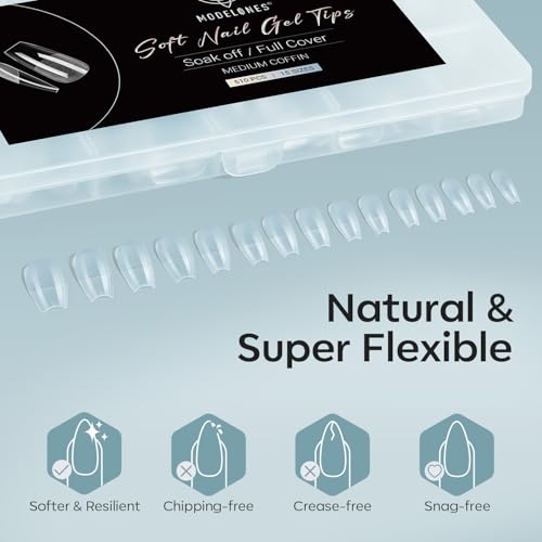 Image of Modelones Medium Coffin Fake Nail Tips - 510Pcs Gel Tips Pre-shaped Half Matte Full Cover Clear Acrylic Gel Kit False Press on Nails for Extension DIY Salon 15Sizes