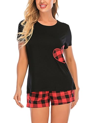 NLAND Pijama Mujer Verano 2 Piezas de Algodón Ropa para Dormir Camiseta de Manga CortaPantalones Corto Cuadros con Bolsillos y cordón,Negro L